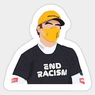 McLaren driver Lando Norris wearing an End Racism t-shirt Sticker